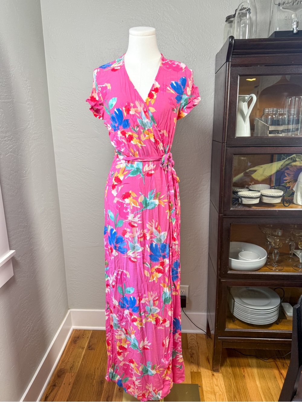 VICI Pink Floral Wrap Maxi Dress Tropical Watercolor Print Size M